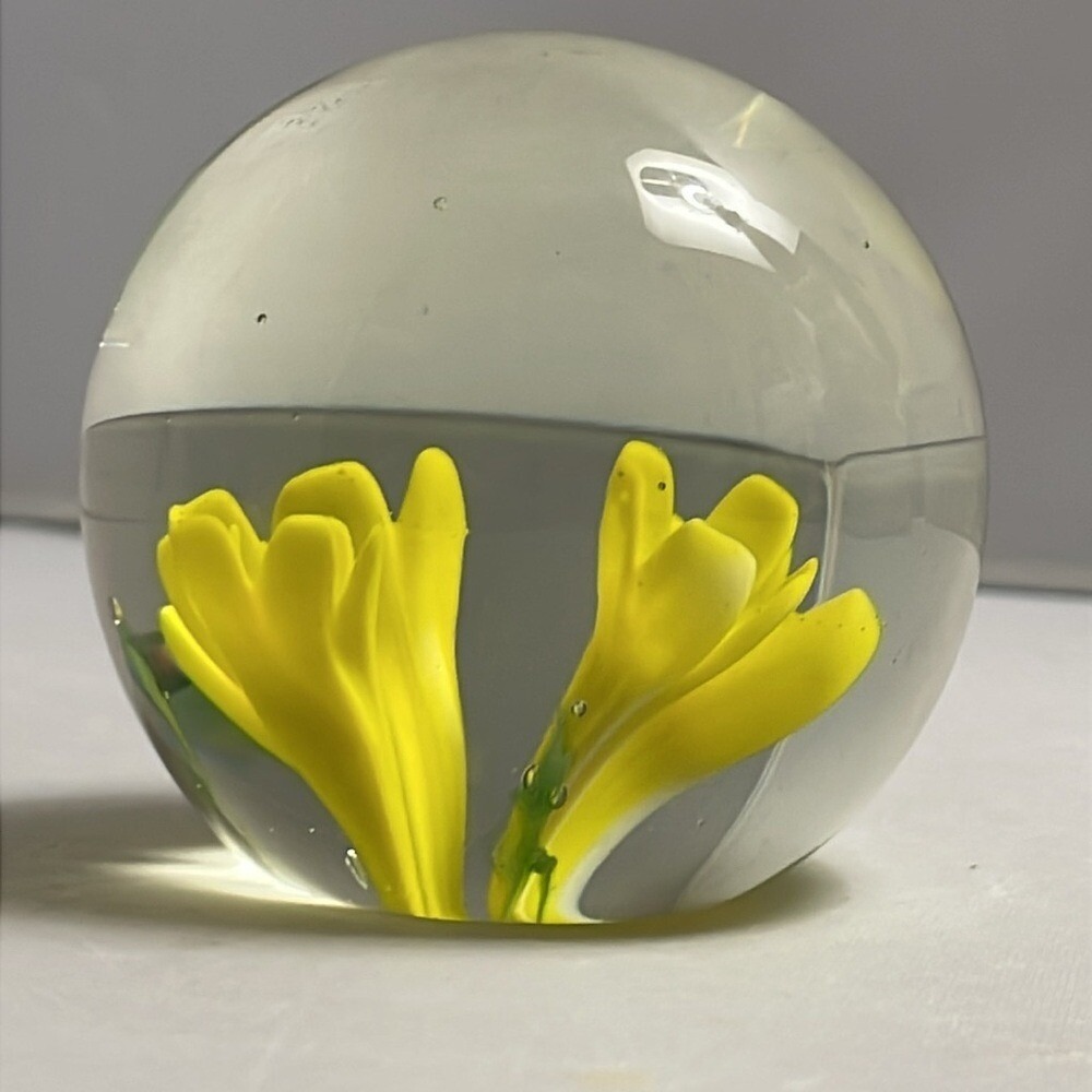 Mini Art‎ Glass Paperweight with Yellow Flower 2.25"